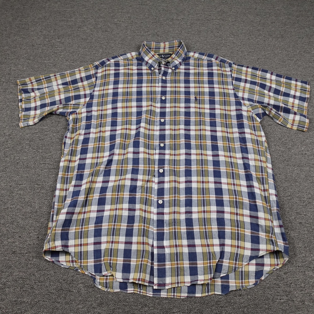 Ralph Lauren Shirt Mens Large Blue Plaid Short Sleeve Button Down Casual Cotton